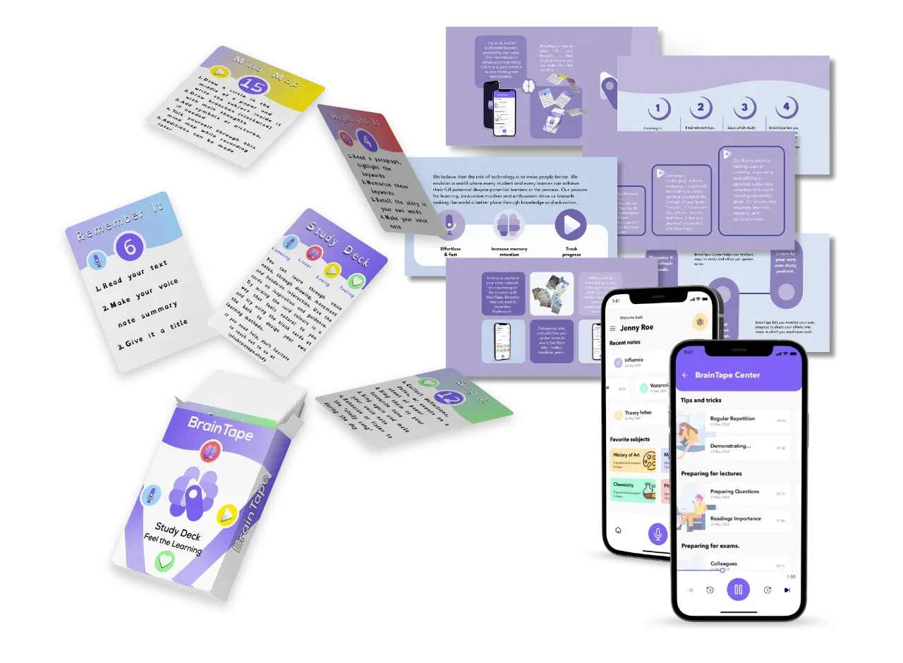 Braintape study app and card deck design by Fimia Agency showcasing accessible learning and modern branding